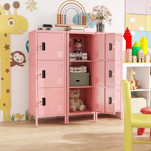 Aobabo 3-Door Steel Locker — Pink, Lockable, Name Card Slots, Metal Legs