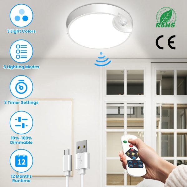 Rechargeable Motion-Sensor Ceiling Light — 3 Colors, Dimmable, Remote + Timers, 8000 mAh