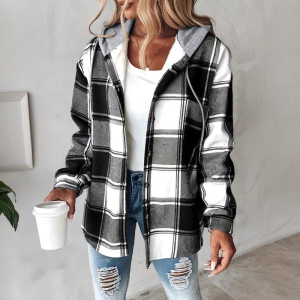 Plaid Hooded Shacket — Button Front, Drawstring, Pockets (Fall Layer) - Image 2