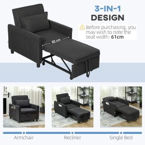 3-in-1 Corduroy Chair Bed — Pull-Out Sleeper (70.9″), 3-Position Back, Pillow & Pockets — Dark Gray