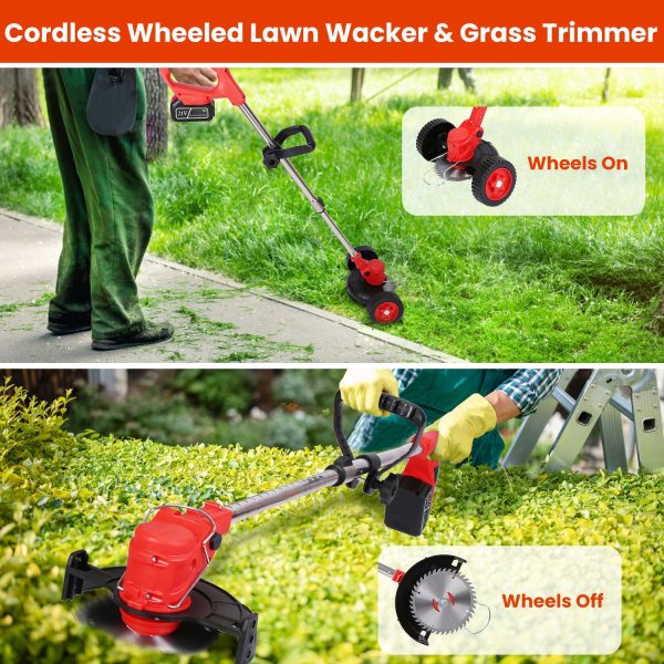 3-in-1 Cordless Weed Wacker w/ Wheels — 21V, 2×2500mAh, Adjustable Head + 3-Blade Set - Image 3