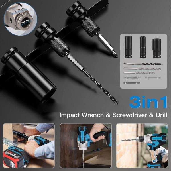 3-in-1 Cordless Impact Wrench / Drill / Driver — 500 N·m Brushless Power, 0–3450 RPM, 2×6.0Ah Batteries, LED, Sockets & Bits - Image 3