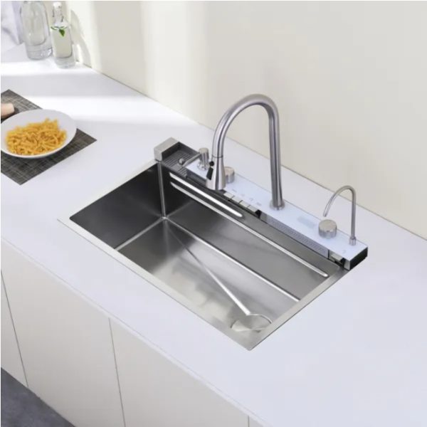 Pull-Out Faucet Single-Bowl Sink — 304 Stainless, “Waterfall” Rinse, Veggie Wash Basin - Image 5