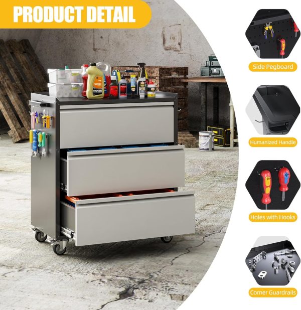 Aobabo 3-Drawer Rolling Tool Cabinet — Steel, Locking Casters, Black/Grey - Image 2