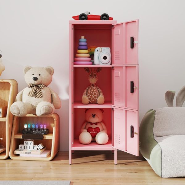 Aobabo 3-Door Steel Locker — Pink, Lockable, Name Card Slots, Metal Legs - Image 7