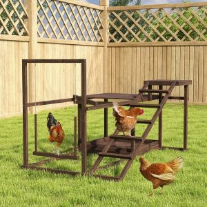 Wooden Chicken Activity Play Set — Perch, Swing, Ladders, Platforms & Feeder Storage (Coffee Finish)