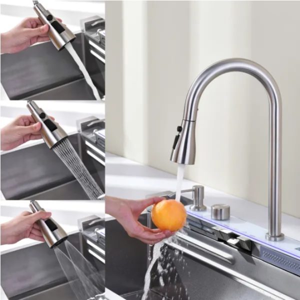Pull-Out Faucet Single-Bowl Sink — 304 Stainless, “Waterfall” Rinse, Veggie Wash Basin - Image 6