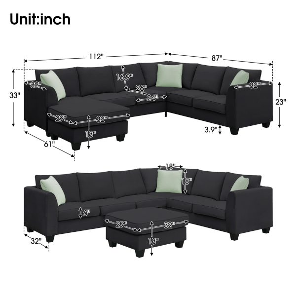 Modular Sectional 112" × 87"  — 7-Seat L-Shape with Ottoman, Reversible Layout, 3 Pillows (Black) - Image 4