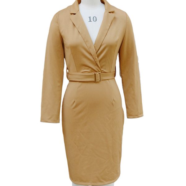 Belted Blazer V-Neck Midi Dress — Slim Fit, Hem Slit, Spring/Fall - Image 5