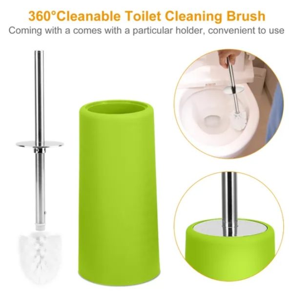 360° Toilet Brush & Holder — Stainless-Steel Handle, Enclosed Drip-Proof Canister (Green) - Image 3