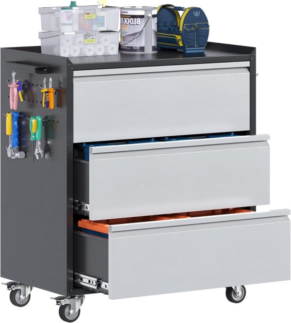 Aobabo 3-Drawer Rolling Tool Cabinet — Steel, Locking Casters, Black/Grey - Image 7