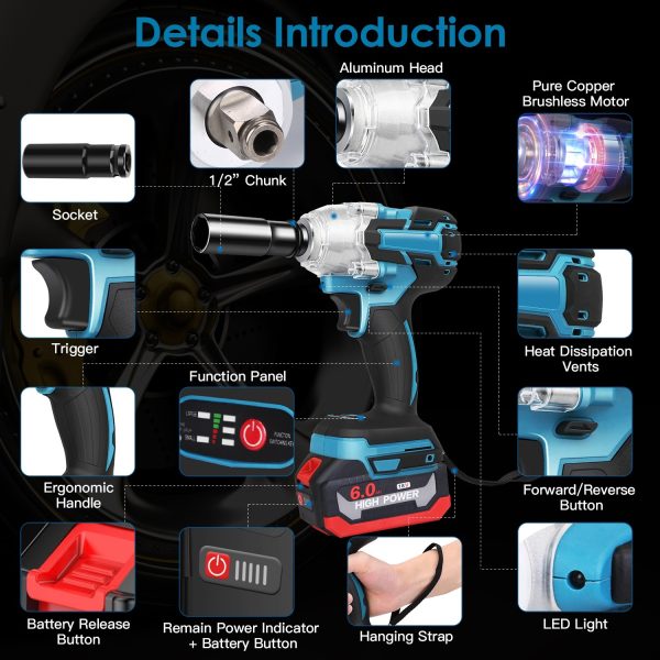 3-in-1 Cordless Impact Wrench / Drill / Driver — 500 N·m Brushless Power, 0–3450 RPM, 2×6.0Ah Batteries, LED, Sockets & Bits - Image 8