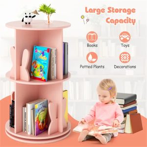 2-Tier Kids Rotating Bookshelf — 360° Swivel, Bunny Baffles, Space-Saving Height