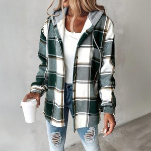 Plaid Hooded Shacket — Button Front, Drawstring, Pockets (Fall Layer)