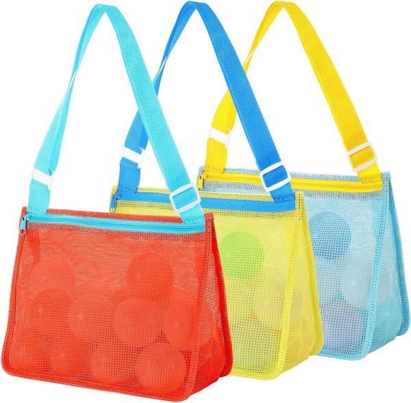 3-Pack Mesh Seashell Bags — Zippered Beach Toy Totes with Adjustable Straps - Image 3
