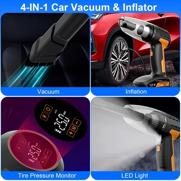 4-in-1 Cordless Car Vacuum & Tire Inflator — 150 PSI, 9 kPa Suction, LED Light, Digital Gauge - Image 7