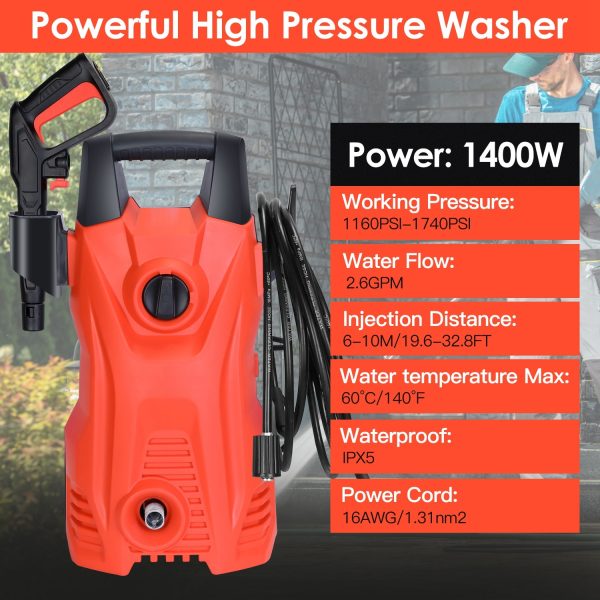 1740-PSI Electric Pressure Washer — 1400W, 2.6 GPM, Adjustable Nozzle, Soap Dispenser, IPX5 - Image 5
