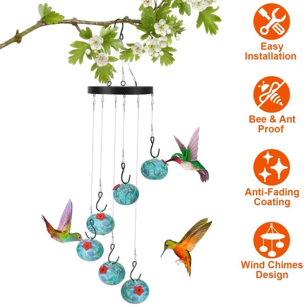 Wind-Chime Hummingbird Feeder — 6 Ports, Hanging Garden Decor (Blue) - Image 3