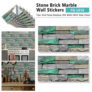 Retro Green Stone-Brick Peel & Stick Tiles — 48-Pack, Waterproof PVC (FG-L016)