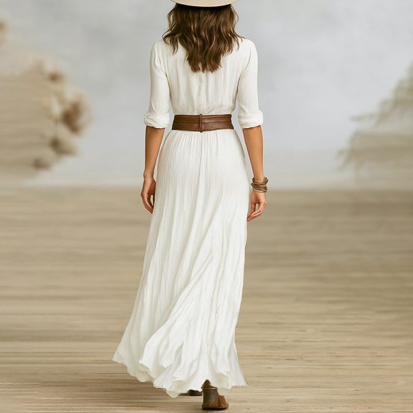 Lapel Button-Front Belted Maxi Dress with Pleated Slit Skirt - Image 8