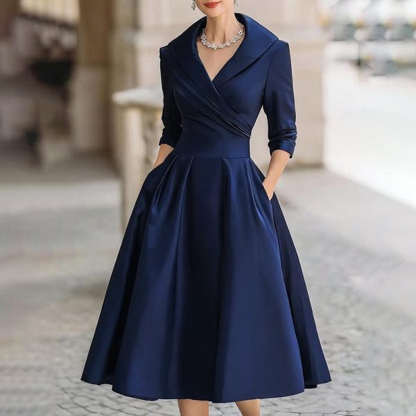 Elegant Cross V-Neck Midi Dress with Flared Skirt & Pockets - Image 3
