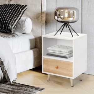 Set of 2 White Nightstands — Drawer + Closed Shelf, Pine Legs, Compact Footprint