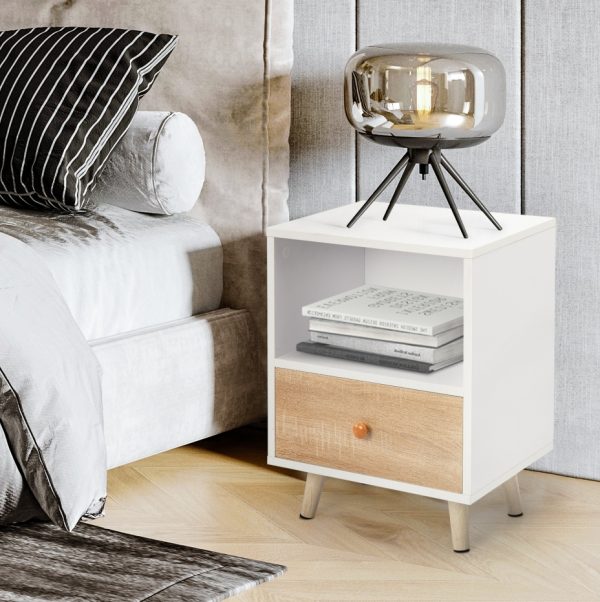 Set of 2 White Nightstands — Drawer + Closed Shelf, Pine Legs, Compact Footprint