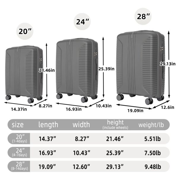 3-Piece PP Spinner Luggage Set — 20"/24"/28", 360° Wheels, Combo Lock - Image 8