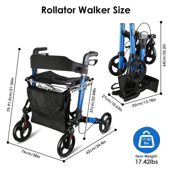 Aluminum Rollator Walker with Seat & Backrest — 8" Wheels, 31–36" Adjustable, 220 lb Capacity - Image 4