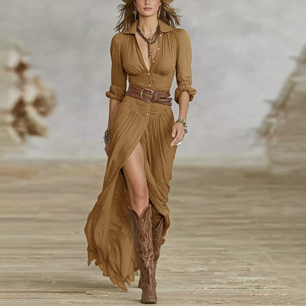 Lapel Button-Front Belted Maxi Dress with Pleated Slit Skirt