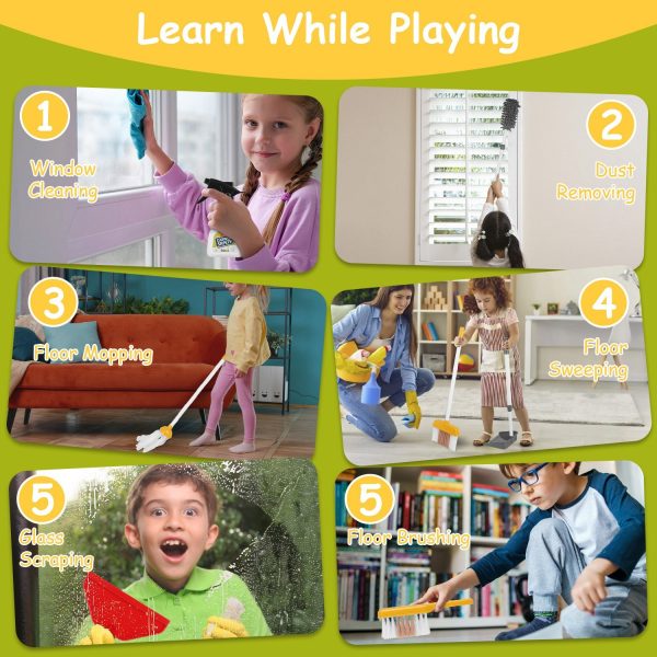 14-Piece Kids Cleaning Play Set with Working Vacuum, Broom & Mop — Stand Included (Ages 3+) - Image 6