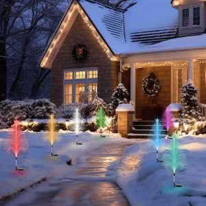 7-Color Solar Christmas Tree Stake Lights (4-Pack) — Fiber-Optic Cedar with Star, IP44