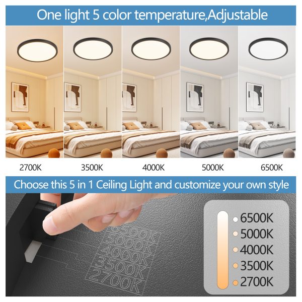 12" Ultra-Thin Dimmable LED Ceiling Lights (6-Pack) — 24W, 2880 lm, 5 CCT (2700K–6500K), Black - Image 2