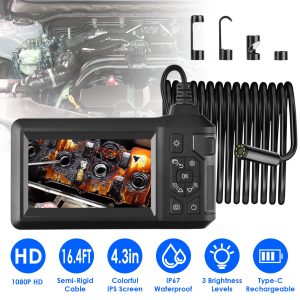 1080p Endoscope with 4.3" Screen — 8 mm IP67 Camera, 16.4-ft Semi-Rigid Cable, 8-LED