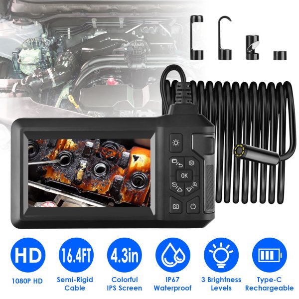 1080p Endoscope with 4.3" Screen — 8 mm IP67 Camera, 16.4-ft Semi-Rigid Cable, 8-LED