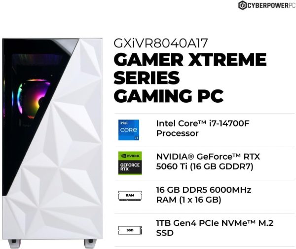 CyberPowerPC Gamer Xtreme VR (White) — i7-14700F, RTX 5060 Ti 16GB, 16GB DDR5-6000, 1TB PCIe 4.0 NVMe, Wi-Fi, Windows 11 - Image 5