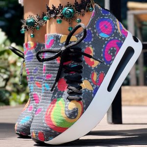 Women’s Random-Print Side Lace-Up Slip-On Sneakers — Lightweight, Elastic Fit, Low-Top