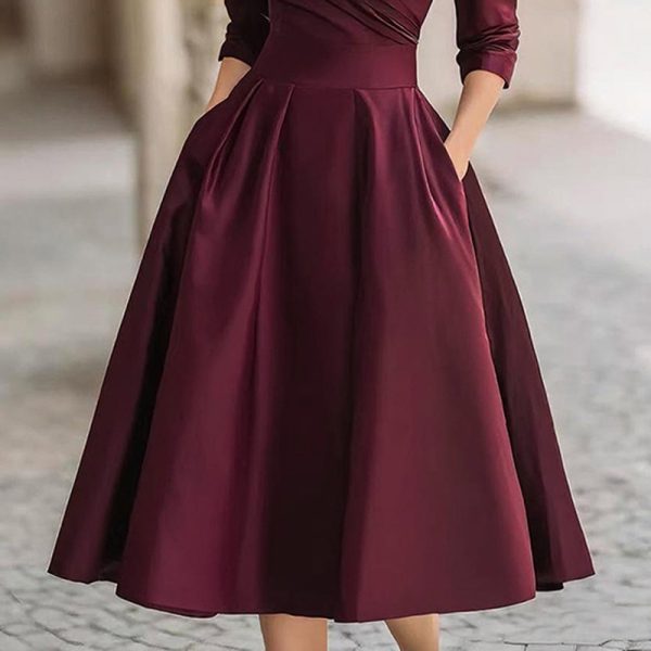 Elegant Cross V-Neck Midi Dress with Flared Skirt & Pockets - Image 2