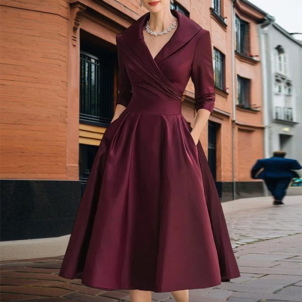 Elegant Cross V-Neck Midi Dress with Flared Skirt & Pockets - Image 7