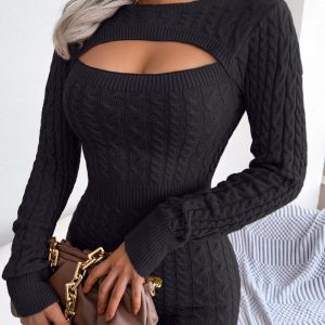 Hollow-Out Cable-Knit Sweater Dress — Curve-Hugging, Warm, and Winter-ready (S–L)