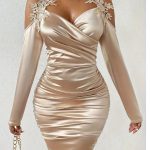 Satin & Lace Bodycon Dress with Pleated Skirt — Elegant Spring/Autumn Midi