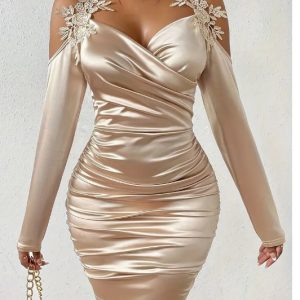 Satin & Lace Bodycon Dress with Pleated Skirt — Elegant Spring/Autumn Midi