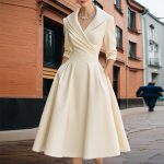Elegant Cross V-Neck Midi Dress with Flared Skirt & Pockets