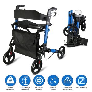 Aluminum Rollator Walker with Seat & Backrest — 8" Wheels, 31–36" Adjustable, 220 lb Capacity