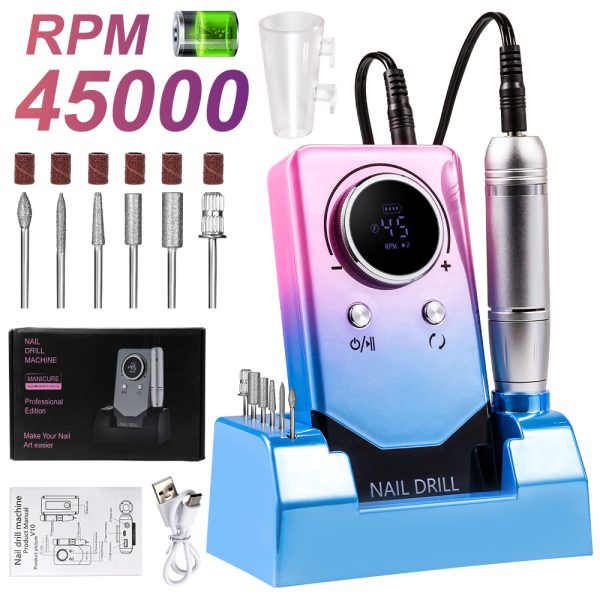 Electric 45,000 RPM Nail Drill — Cordless E-File with LCD, USB-C, 12-pc Kit