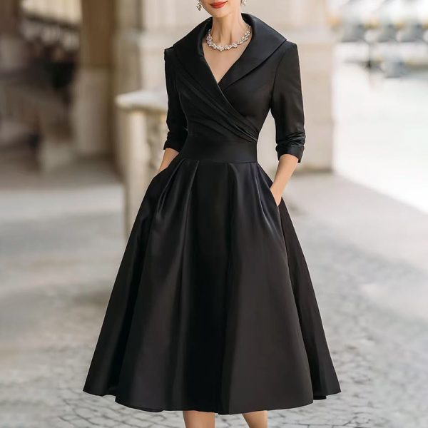 Elegant Cross V-Neck Midi Dress with Flared Skirt & Pockets - Image 9