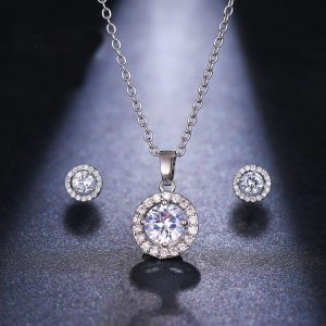 Sun & Moon Clavicle Set — Round Zircon Necklace + Earrings (2-Piece)