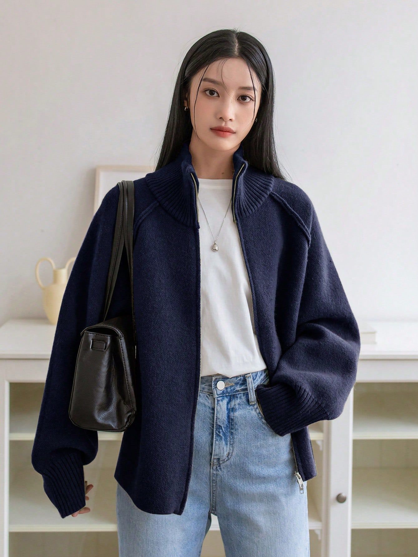 Stand-Collar Zip Cardigan — Textured Knit, Easy Layer, Solid Colors (Free Size 42–48) 6 Stand-Collar Zip Cardigan — Textured Knit, Easy Layer, Solid Colors (Free Size 42–48) - Image 6