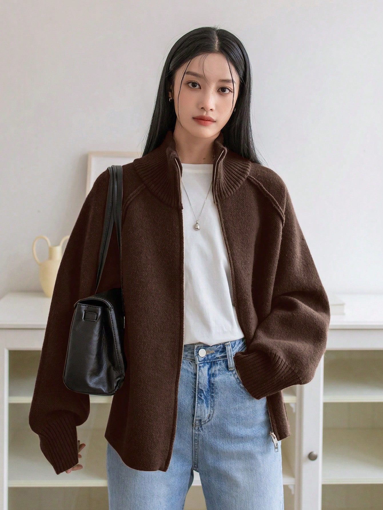 Stand-Collar Zip Cardigan — Textured Knit, Easy Layer, Solid Colors (Free Size 42–48) 10 Stand-Collar Zip Cardigan — Textured Knit, Easy Layer, Solid Colors (Free Size 42–48) - Image 10